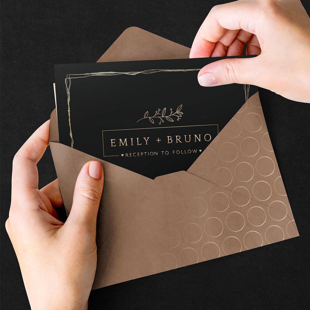 Wedding invitation envelope mockup psd in brown and black