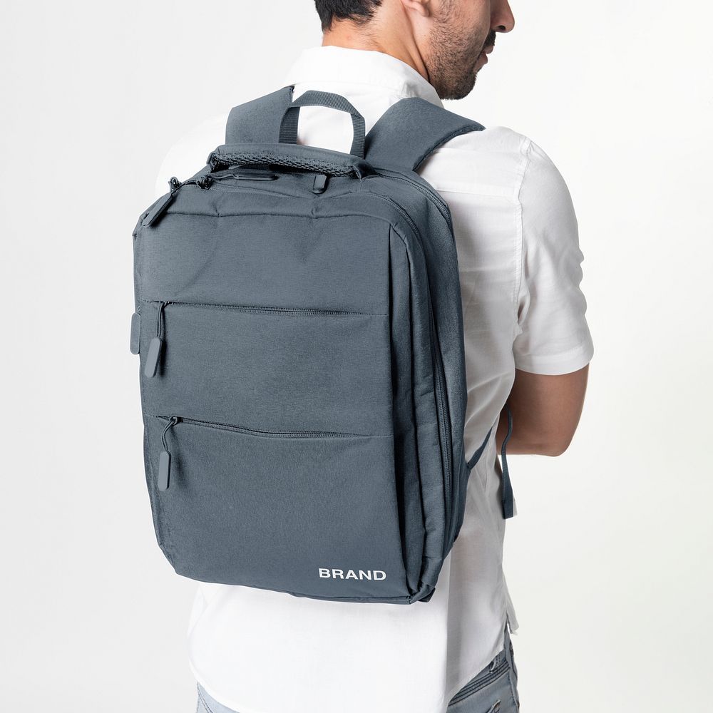Laptop backpack mockup, dark blue accessory psd