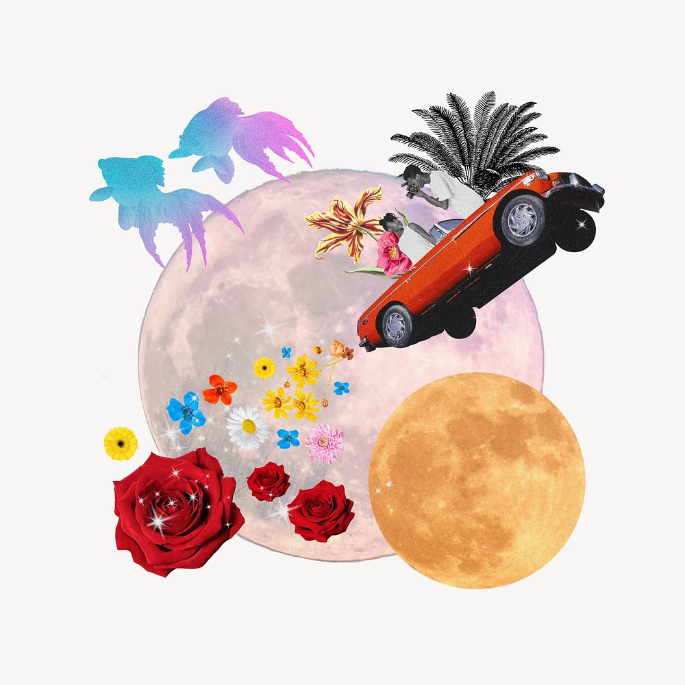 Moon car mixed media illustration