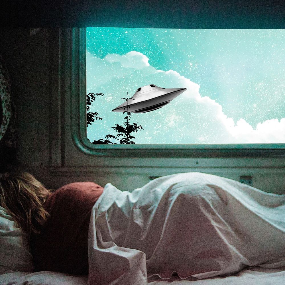 Surreal UFO, sleeping woman art remix. Remixed by rawpixel.