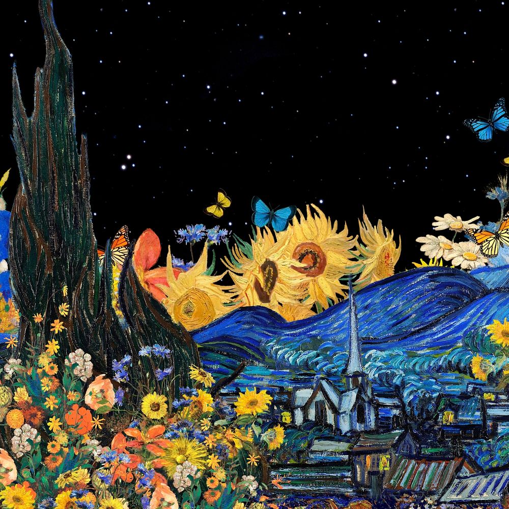 Van Gogh's sunflower, starry night art remix. Remixed by rawpixel.