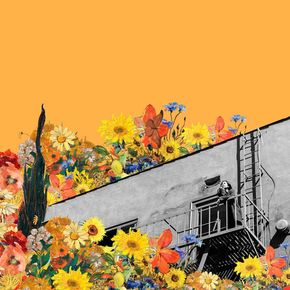 Sunflower building  art remix. Remixed by rawpixel.