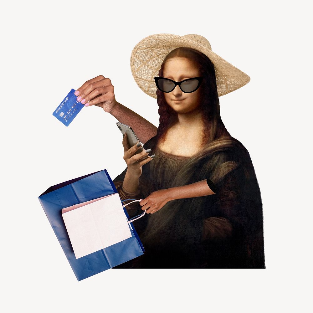 Mona Lisa shopping, Leonardo da Vinci's artwork mixed media illustration. Remixed by rawpixel.