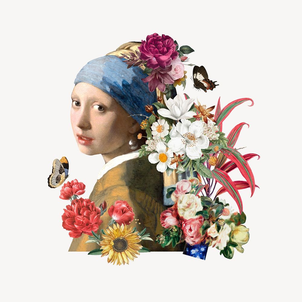 Floral lady, Johannes Vermeer's  artwork mixed media illustration. Remixed by rawpixel.