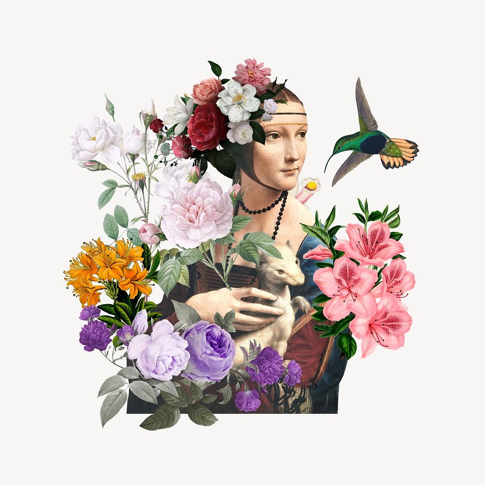 Floral woman, Leonardo da Vinci's artwork mixed media illustration. Remixed by rawpixel.