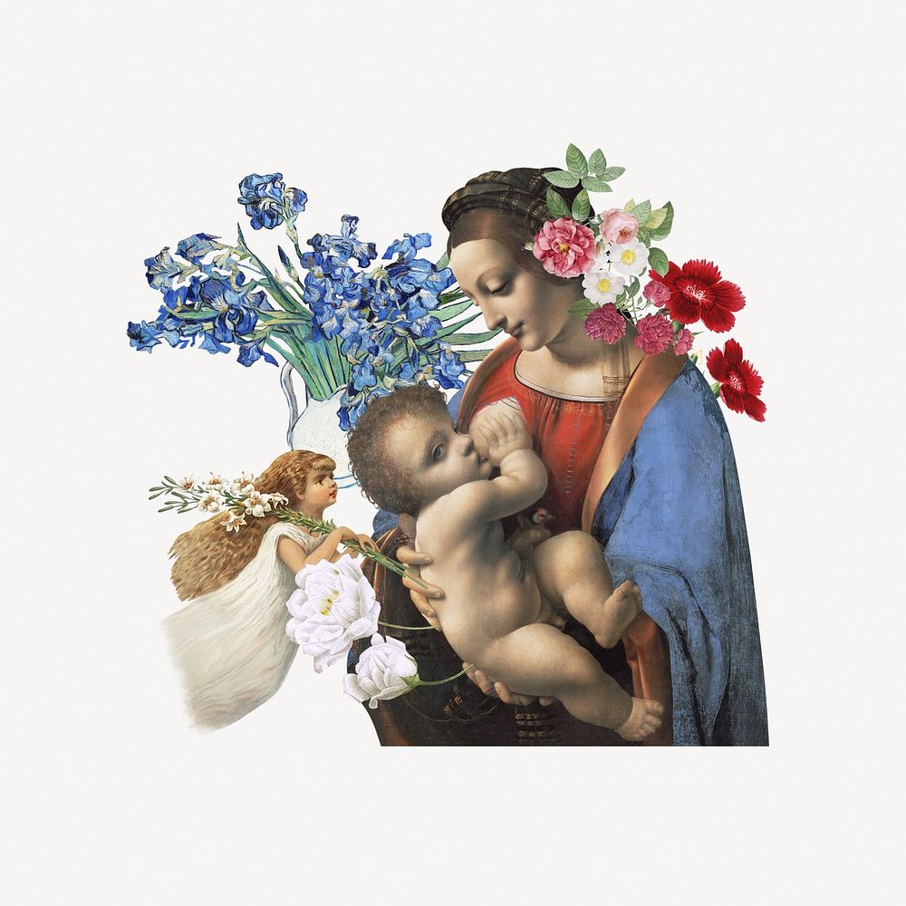 Mother and child, Madonna Litta,  Leonardo da Vinci's artwork mixed media illustration. Remixed by rawpixel.