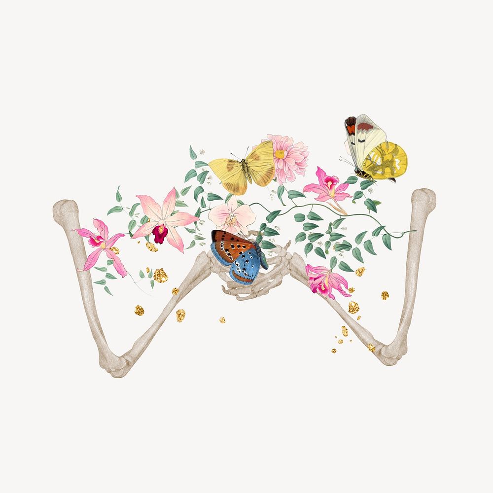 Floral skeleton mixed media illustration