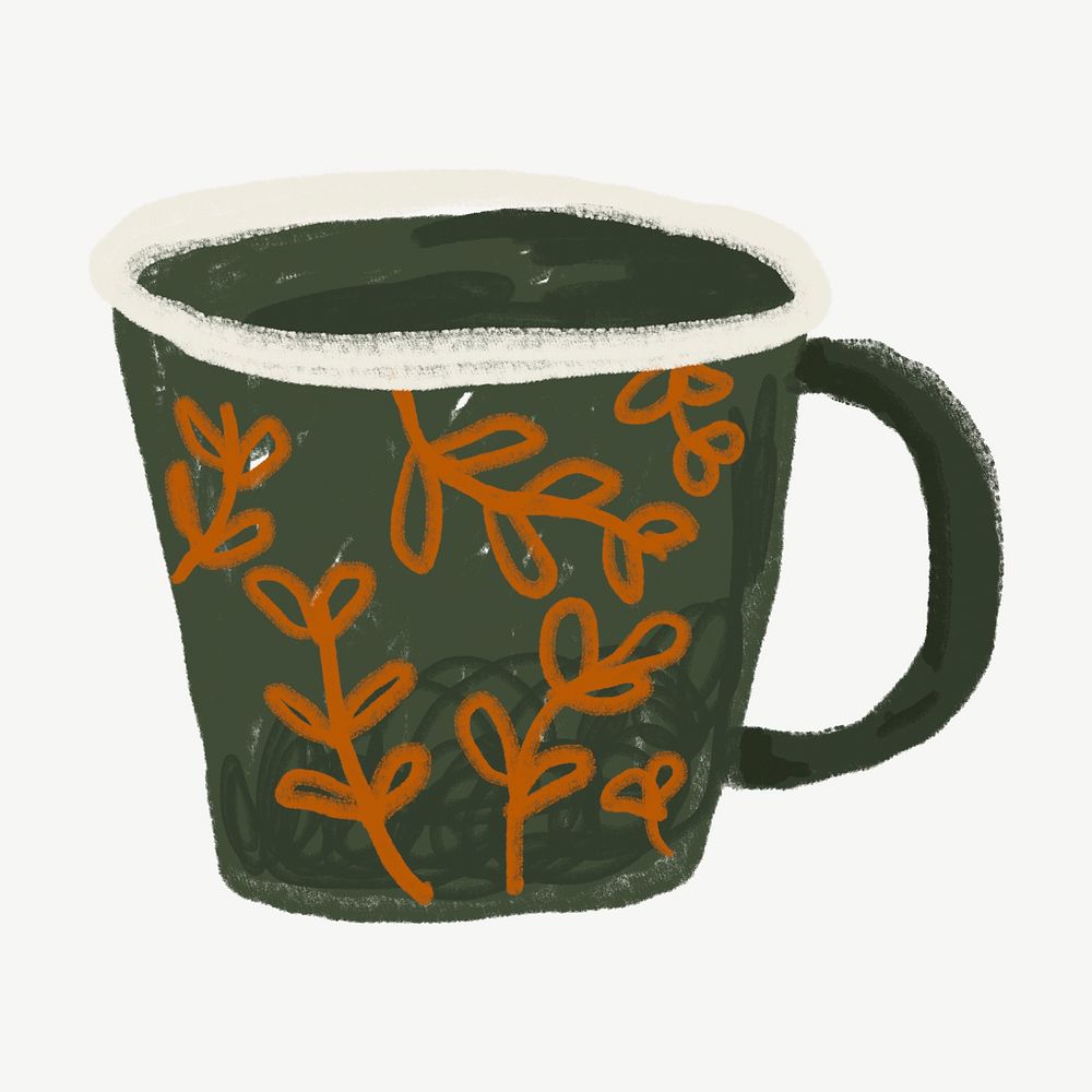 Leafy coffee mug, journal collage element psd