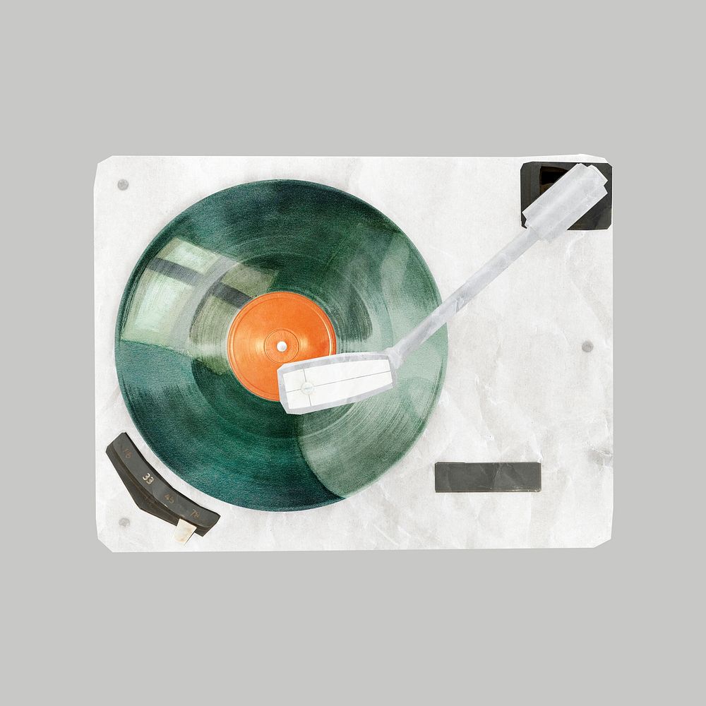 Vinyl record player, music collage element psd