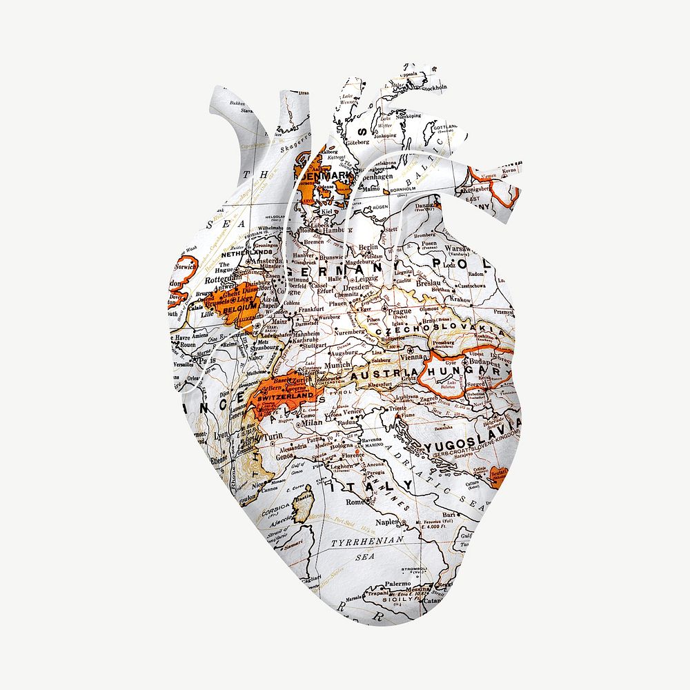 Human heart, world map collage psd