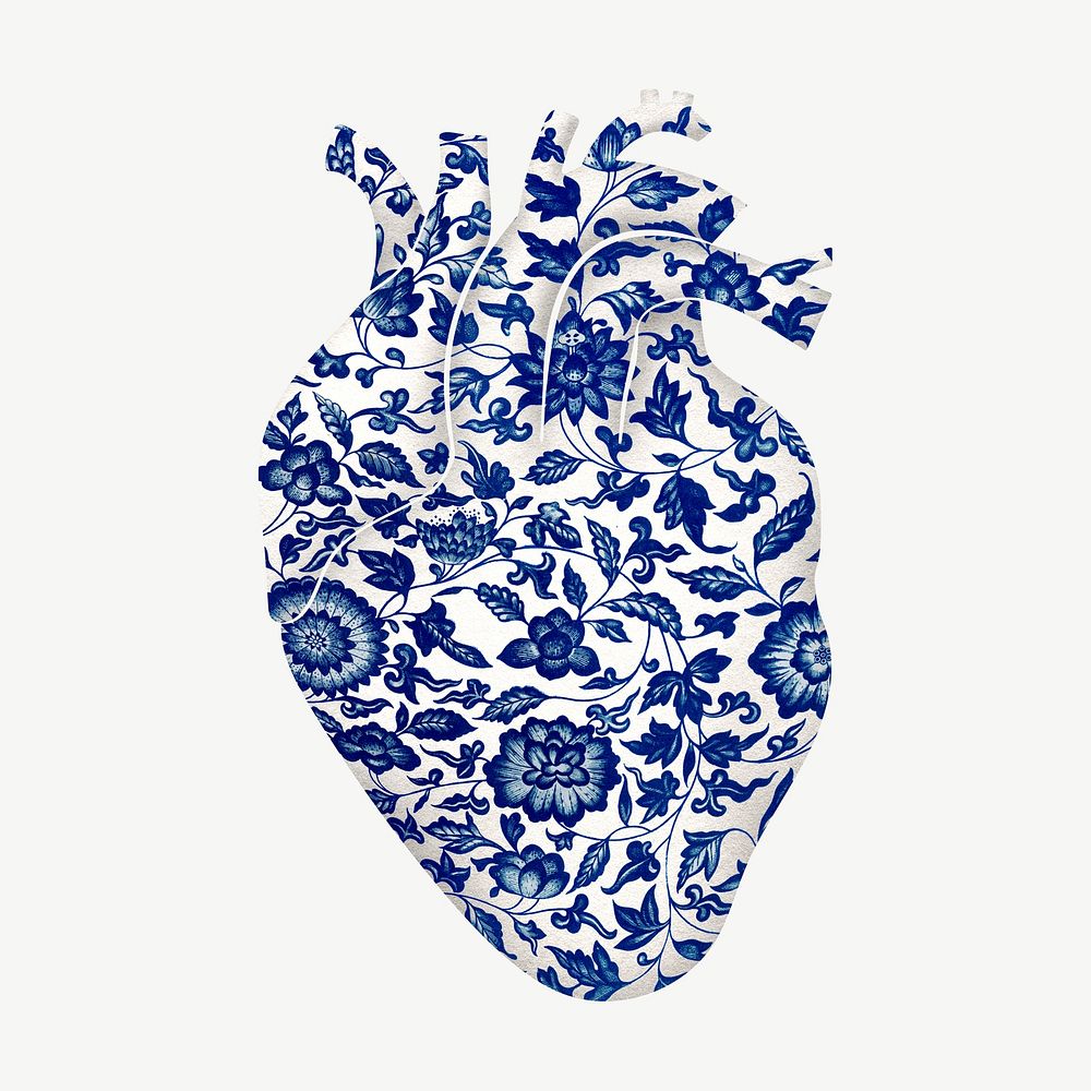 Human heart, floral pattern collage psd