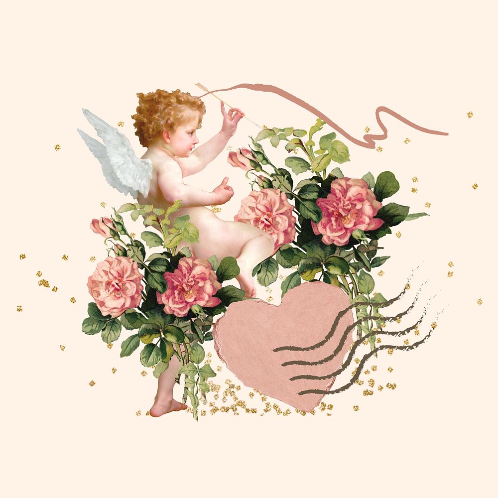 Floral Valentine's cupid,  aesthetic collage