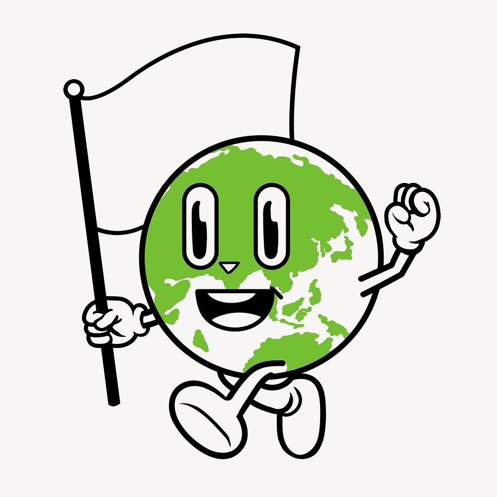 Globe holding white flag, world peace cartoon illustration