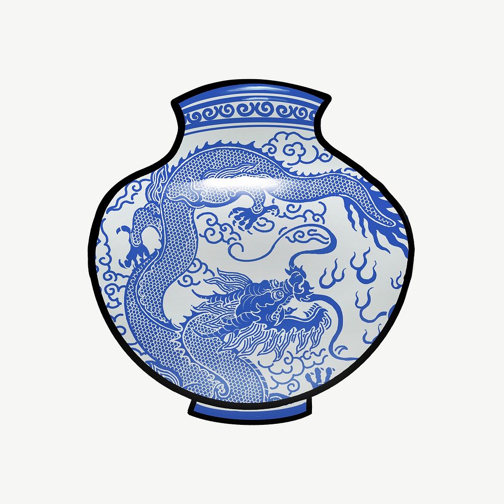 Chinese dragon vase collage element psd