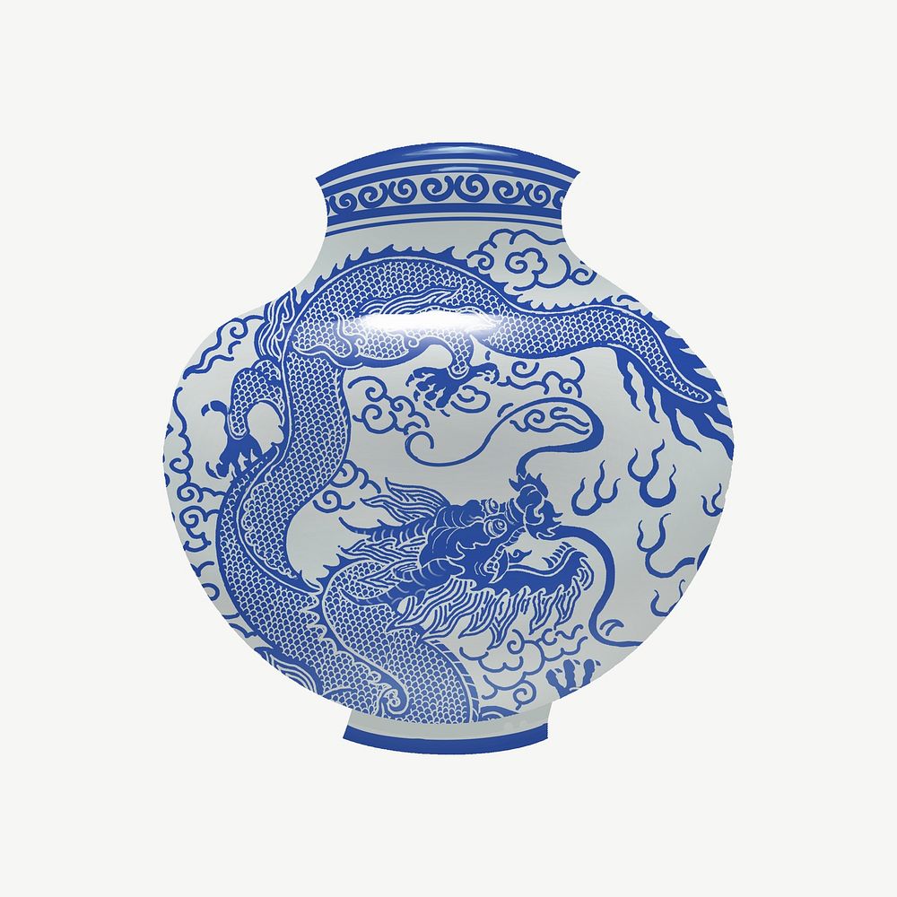 Chinese dragon vase collage element psd