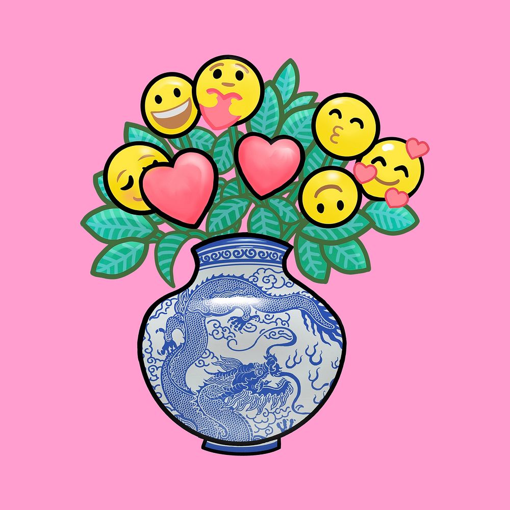 Emoticon flower vase, love collage element psd