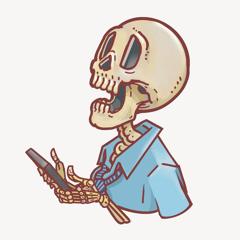 Skeleton holding smartphone, social media addiction illustration