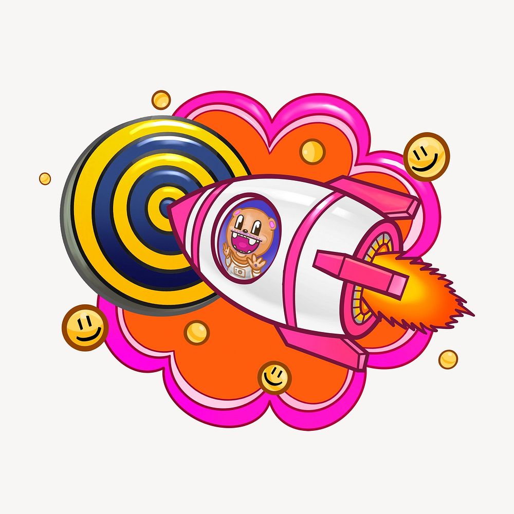 Rocket hitting target, funky cartoon illustration