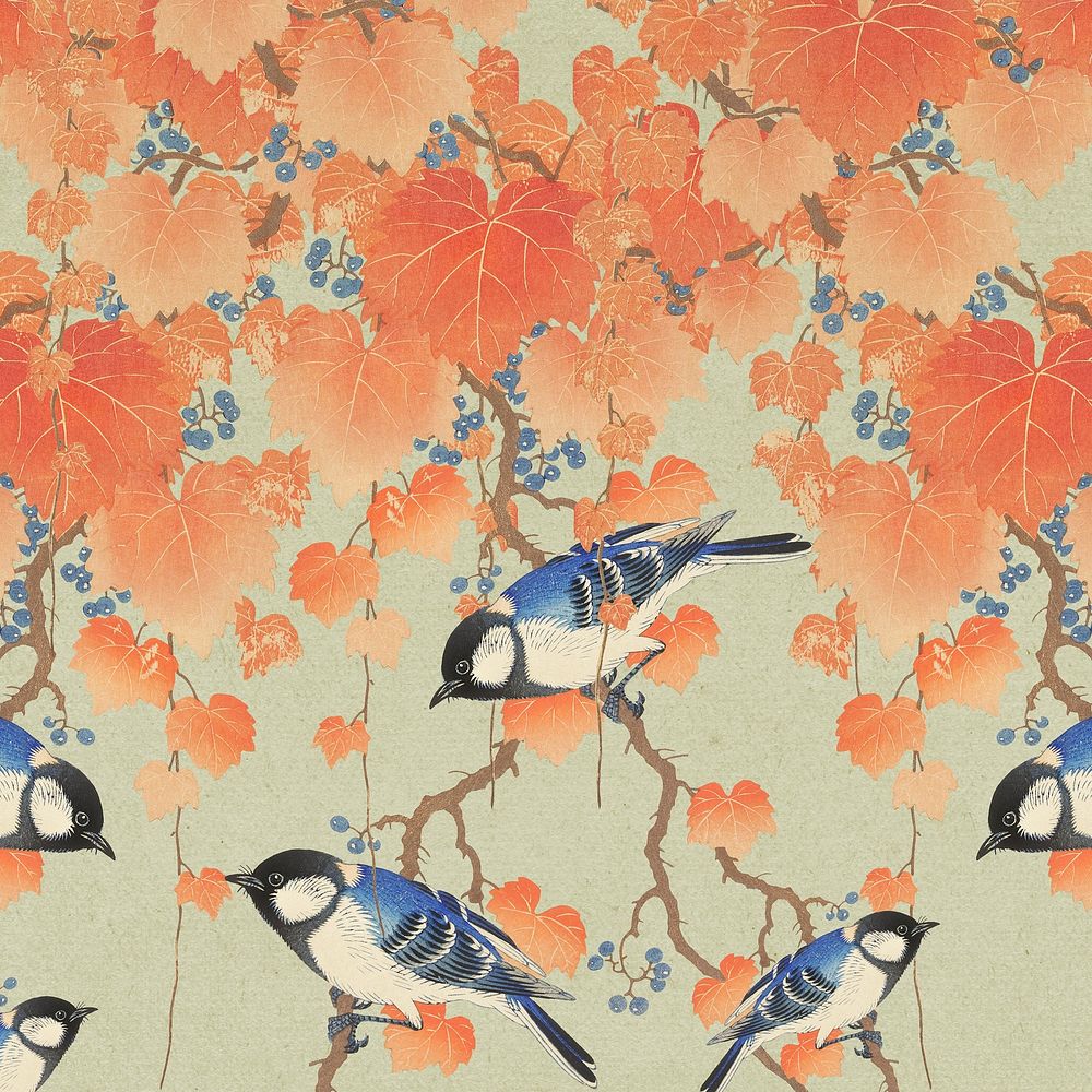 Ohara Koson's bird background, Great tit on paulownia branch illustration, remixed by rawpixel