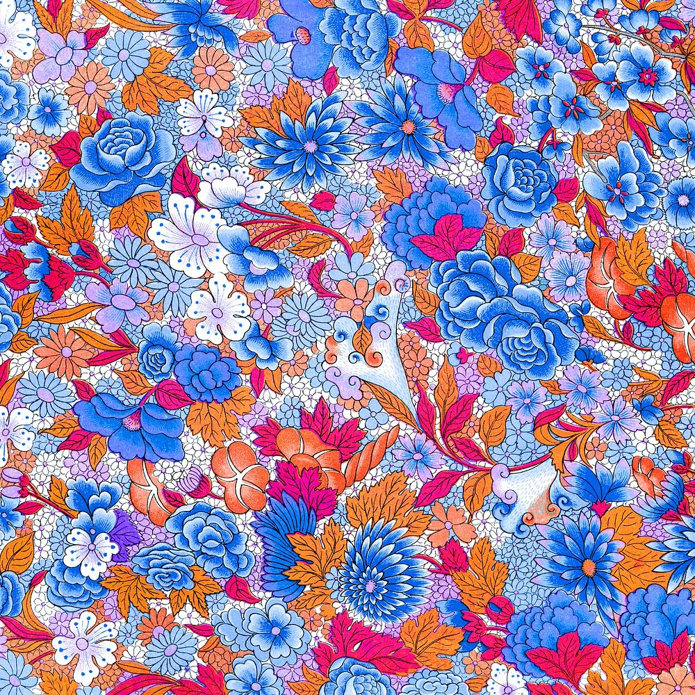 Blue flower pattern, Owen Jones's artwork, remixed by rawpixel