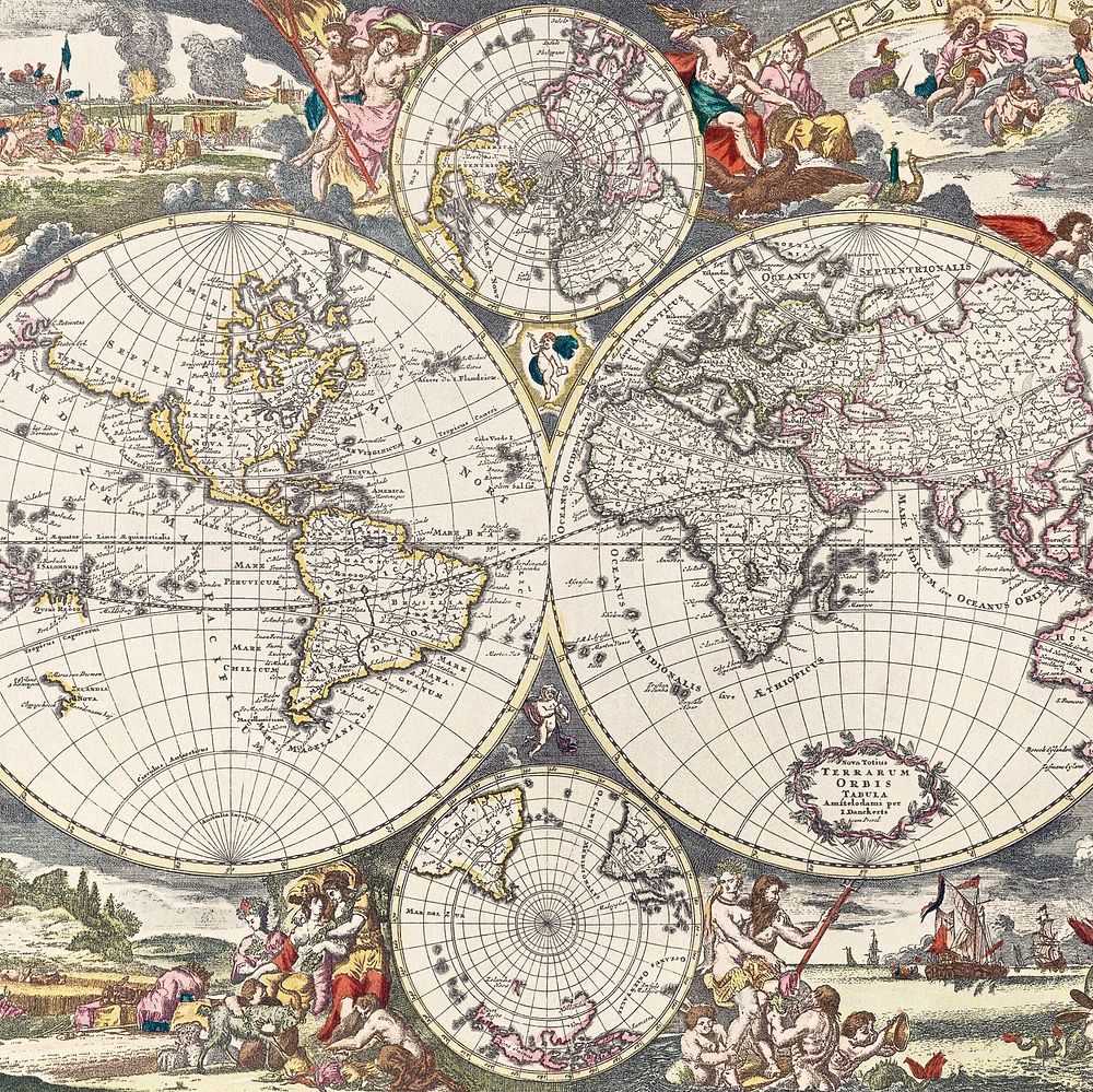 Vintage world map background, artwork by Justus Danckerts, remixed by rawpixel