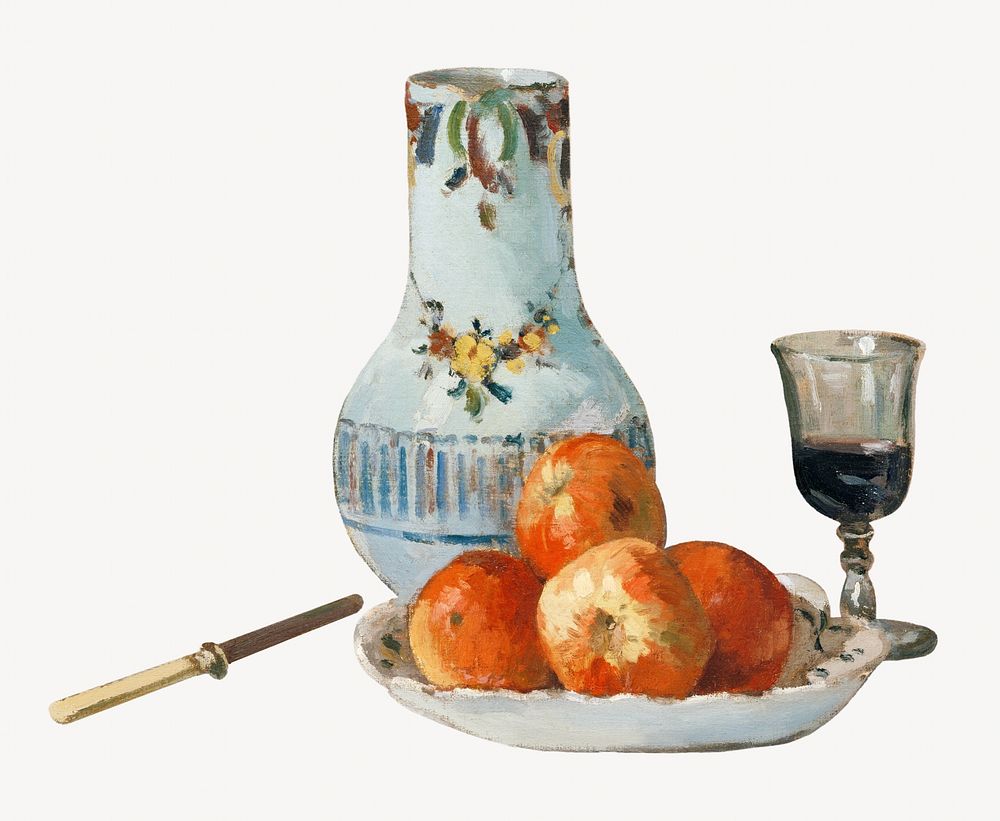 Still Life with Apples and Pitcher, vintage painting by Camille Pissarro, remixed by rawpixel