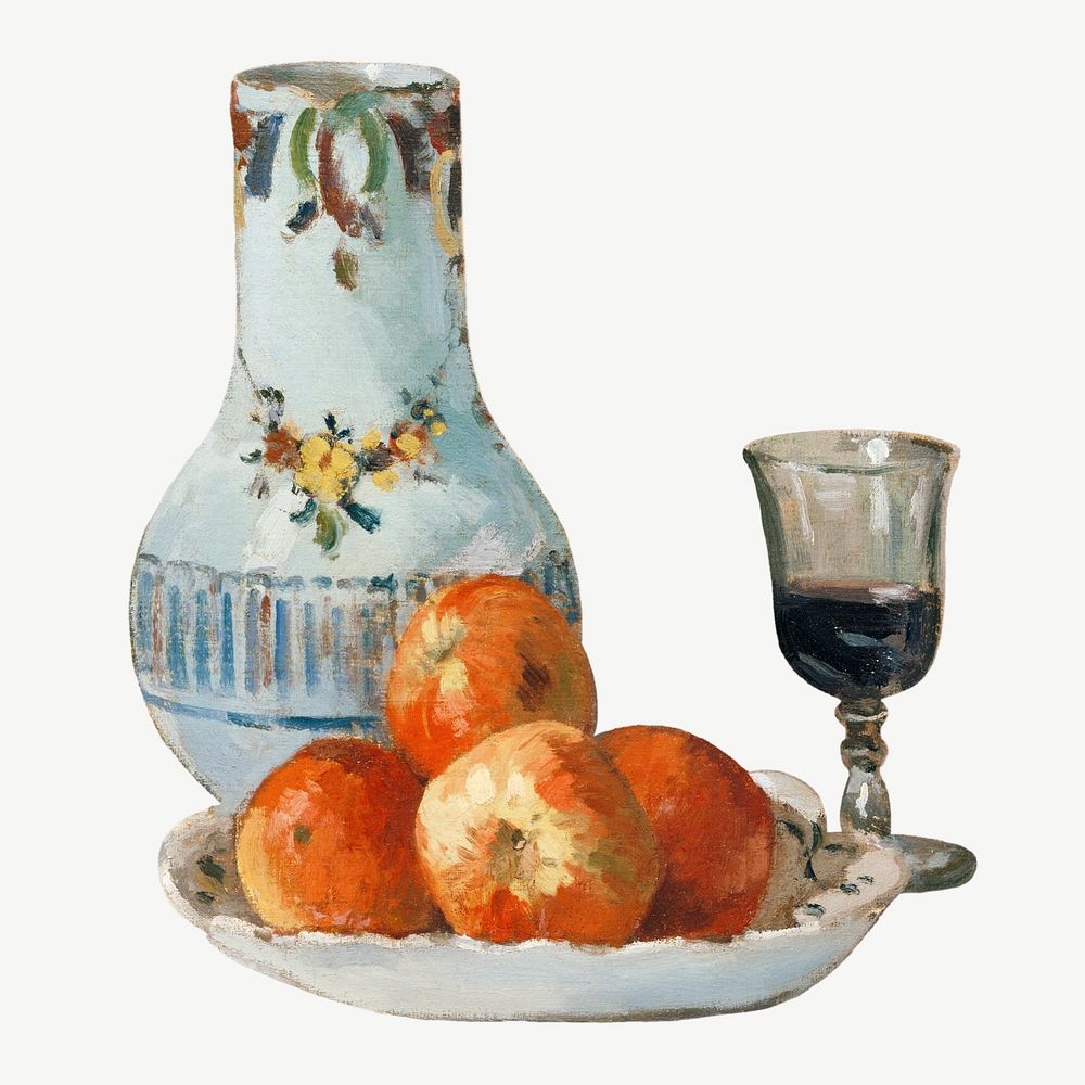 Still Life with Apples and Pitcher, vintage painting by Camille Pissarro psd, remixed by rawpixel