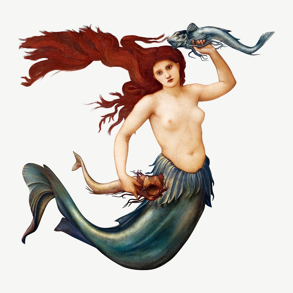 A Sea-Nymph, mythical creature collage element psd by Sir Edward Burne&ndash;Jones. Remastered by rawpixel.