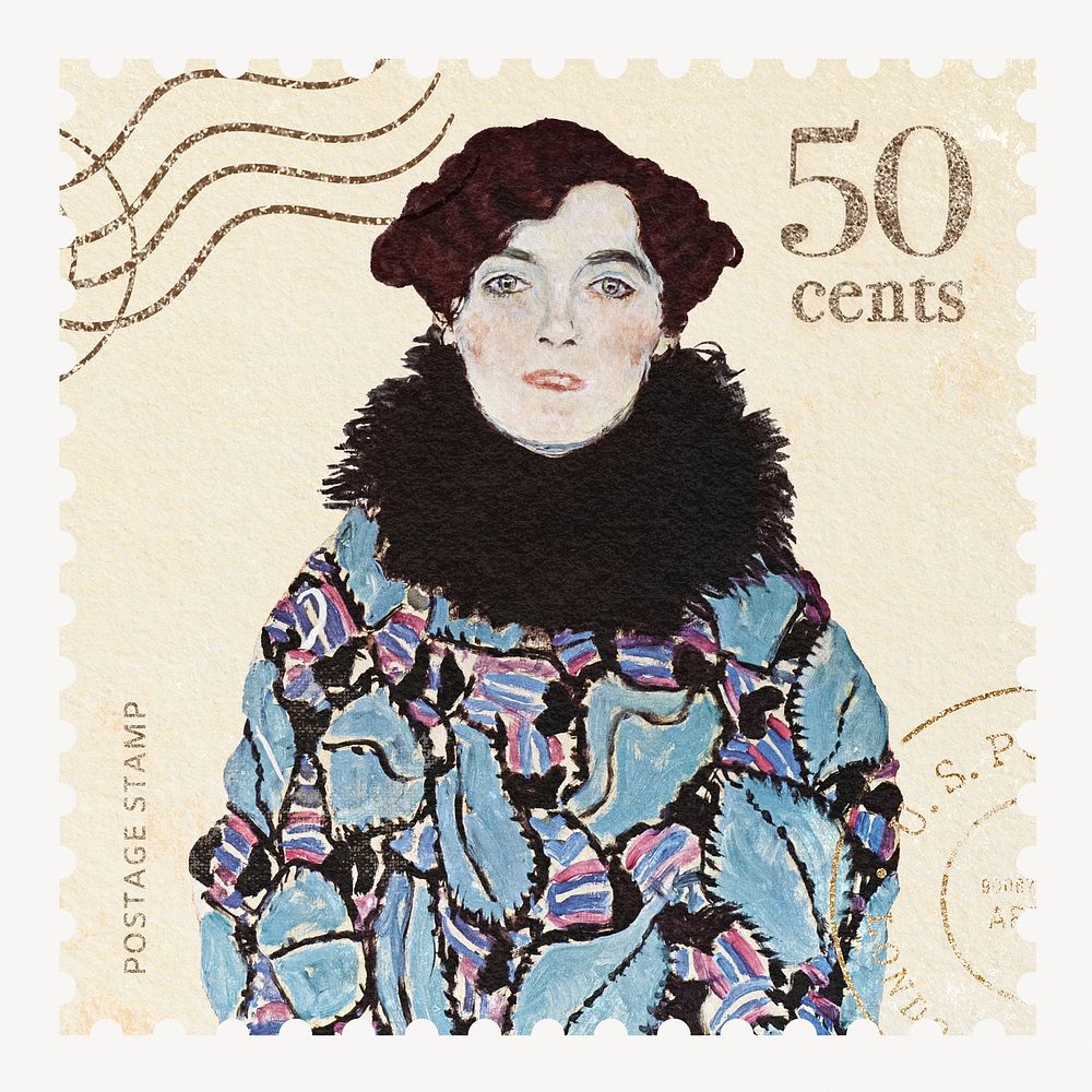 Vintage famous painting postage stamp, Gustav Klimt's Portrait of Johanna Staude, remixed by rawpixel
