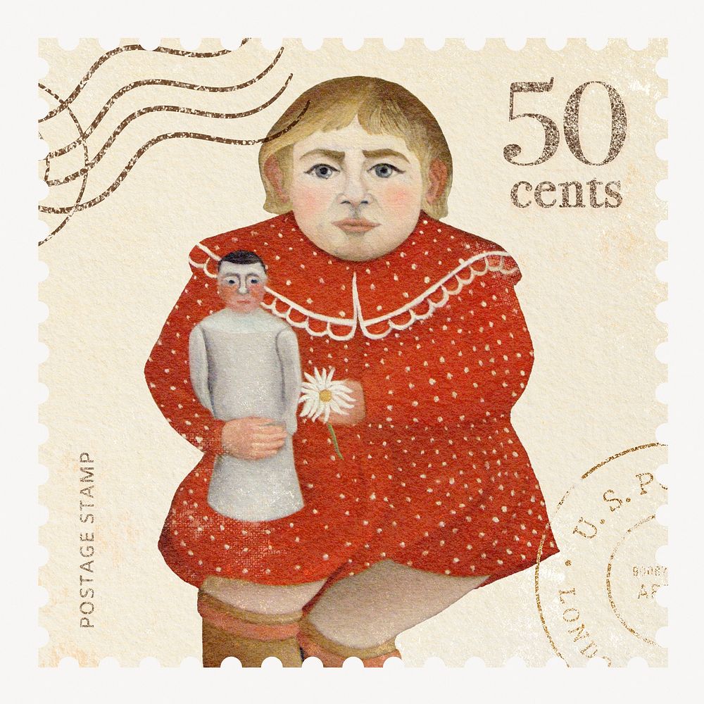 Child with Doll postage stamp, Henri Rousseau's illustration, remixed by rawpixel