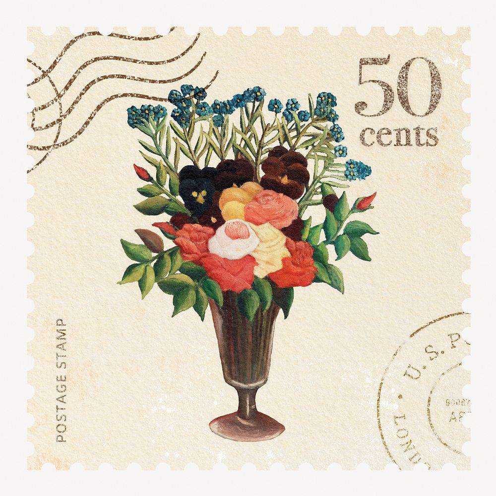 Flower vase postage stamp, Henri Rousseau's illustration, remixed by rawpixel