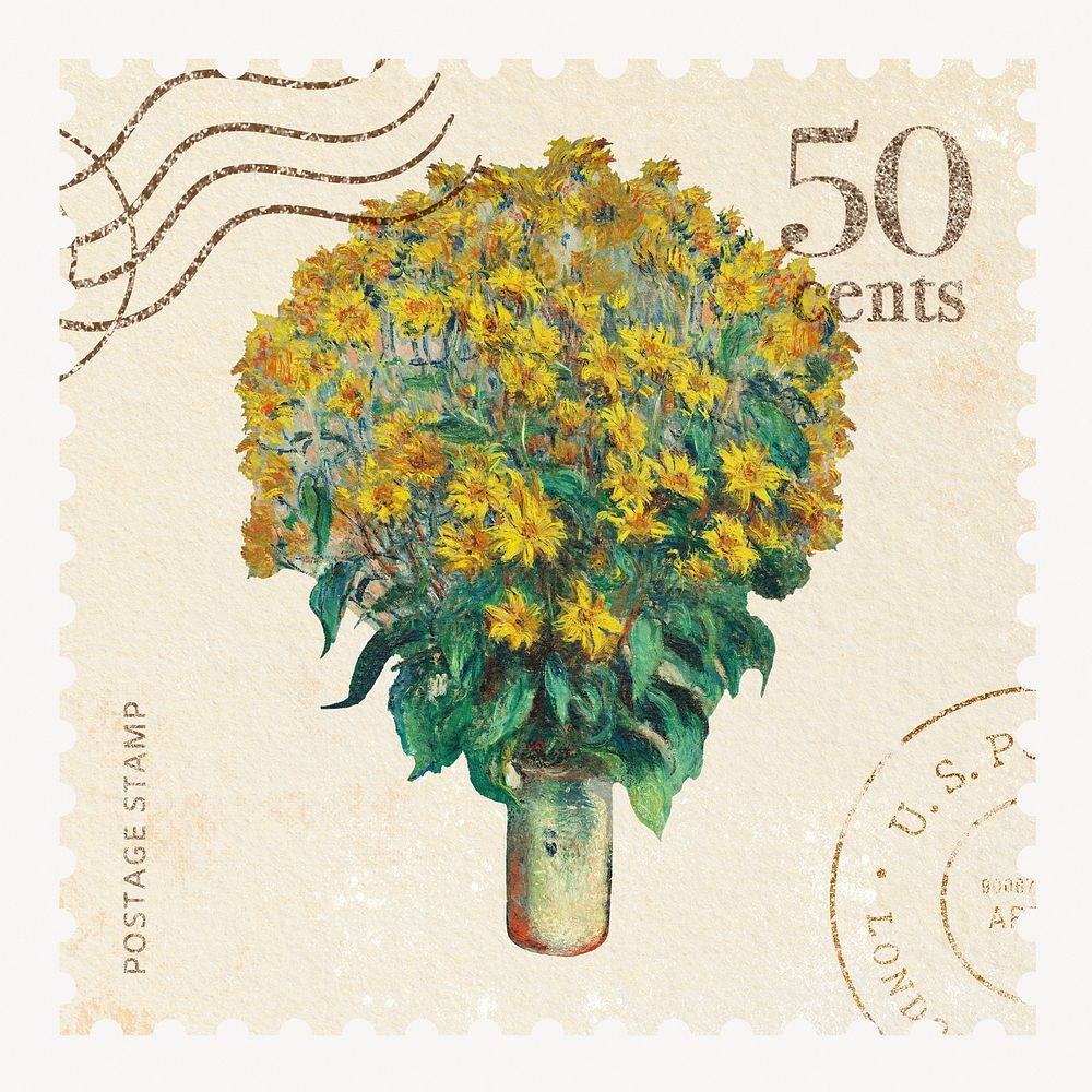 Sunflowers  artwork postage stamp. Claude Monet artwork, remixed by rawpixel.