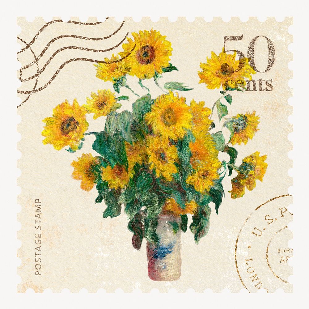 Monet's sunflowers  artwork postage stamp. Famous art remixed by rawpixel.