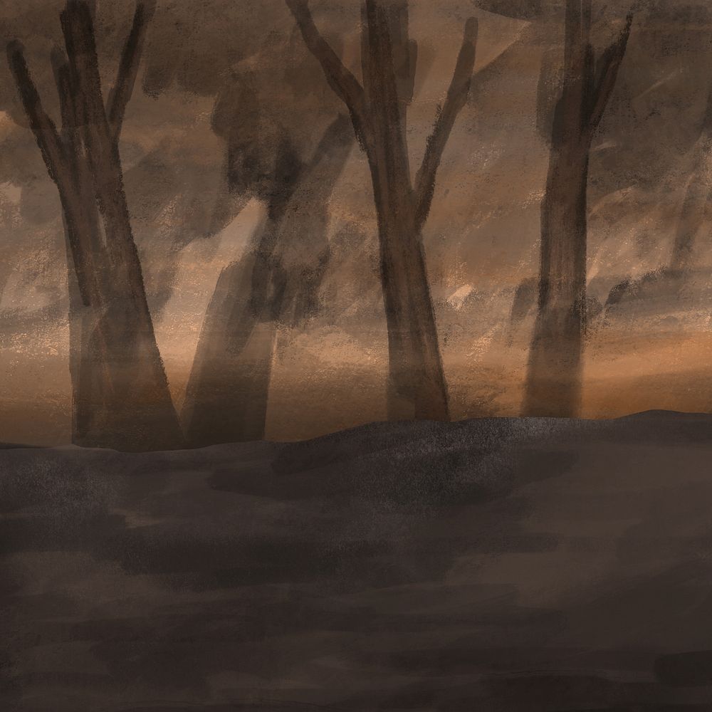 Burnt forest, brown background, aesthetic paint illustration