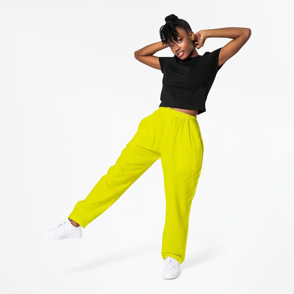 Sweatpants mockup psd with tee women&rsquo;s street style fashion