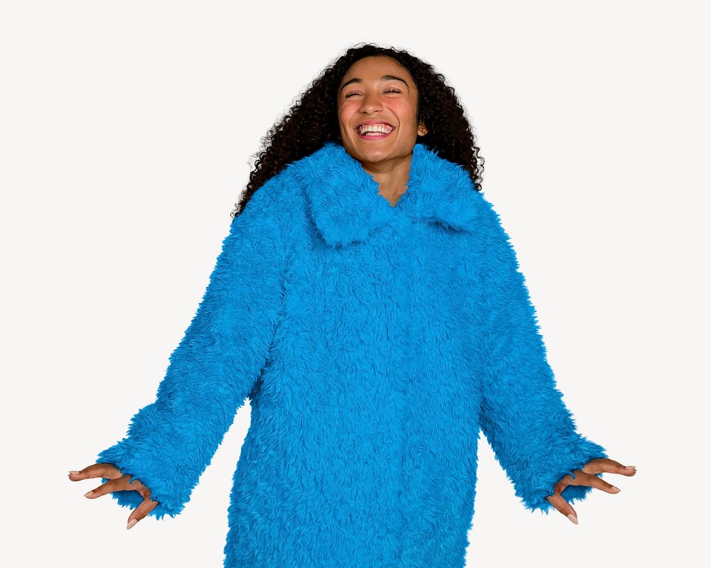 Happy woman in blue teddy coat, winter fashion
