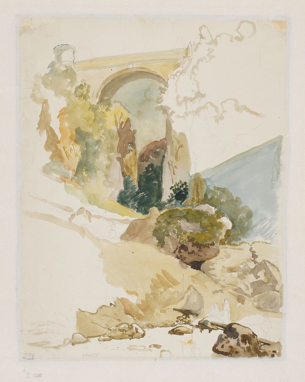 Watercolor study of landscape with a bridge over a ravine by Wilhelm Marstrand