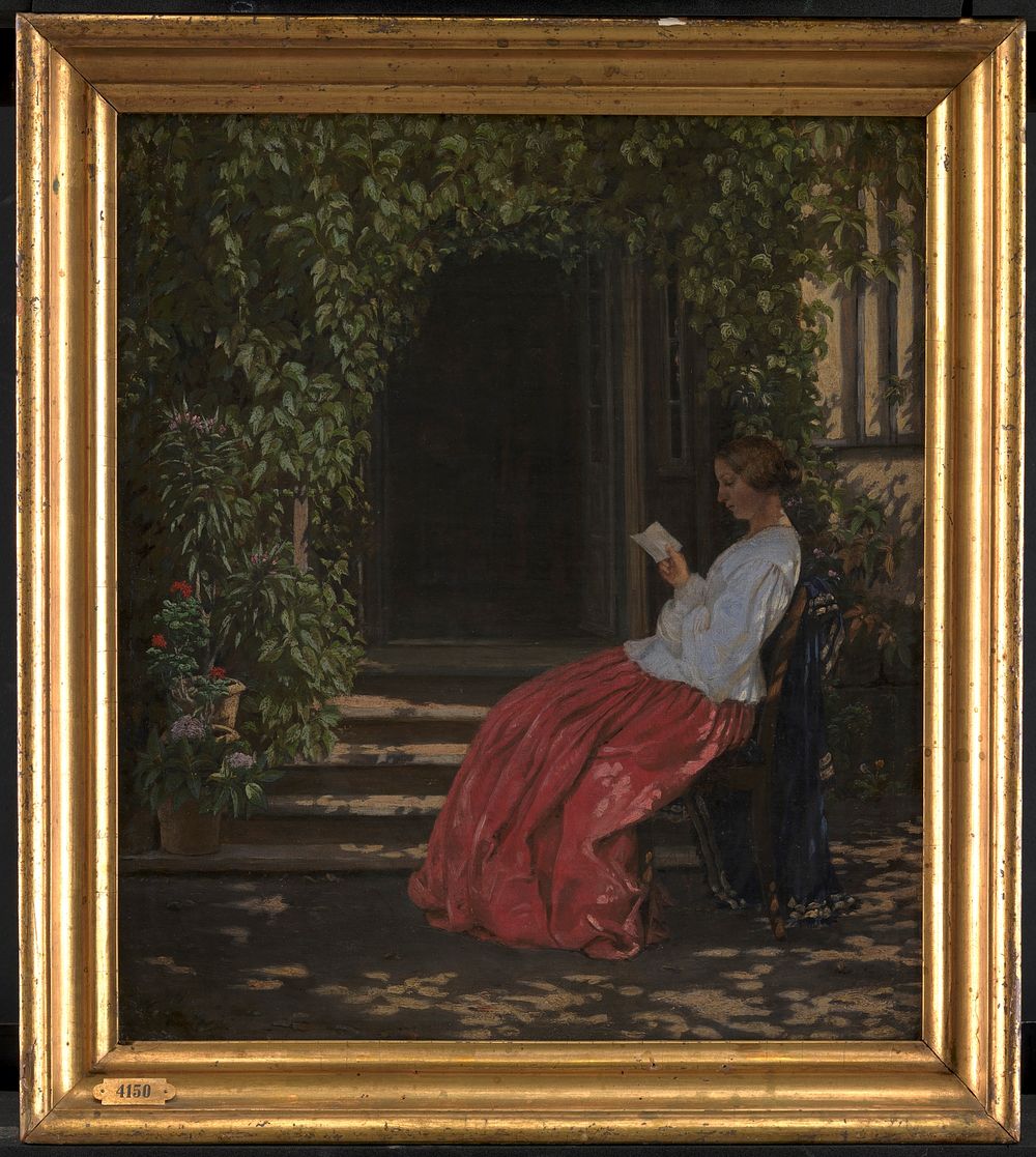 Lady reading outside a garden door by Vilhelm Kyhn