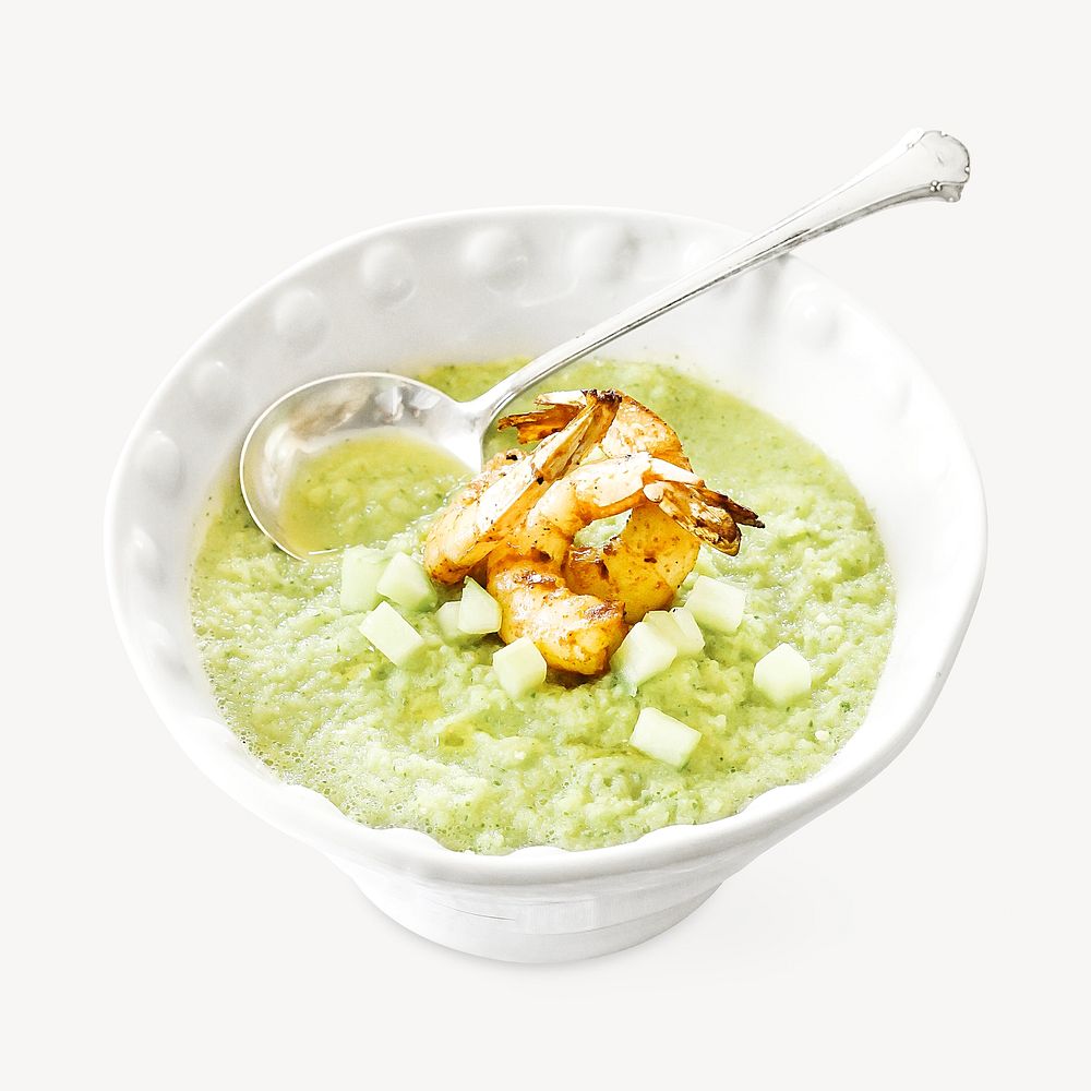 Cucumber Gazpacho with Shrimp, food isolated design