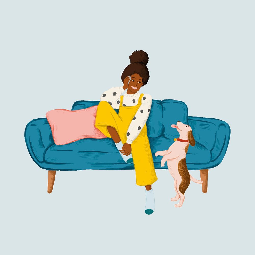 Girl talking on phone on blue couch illustration