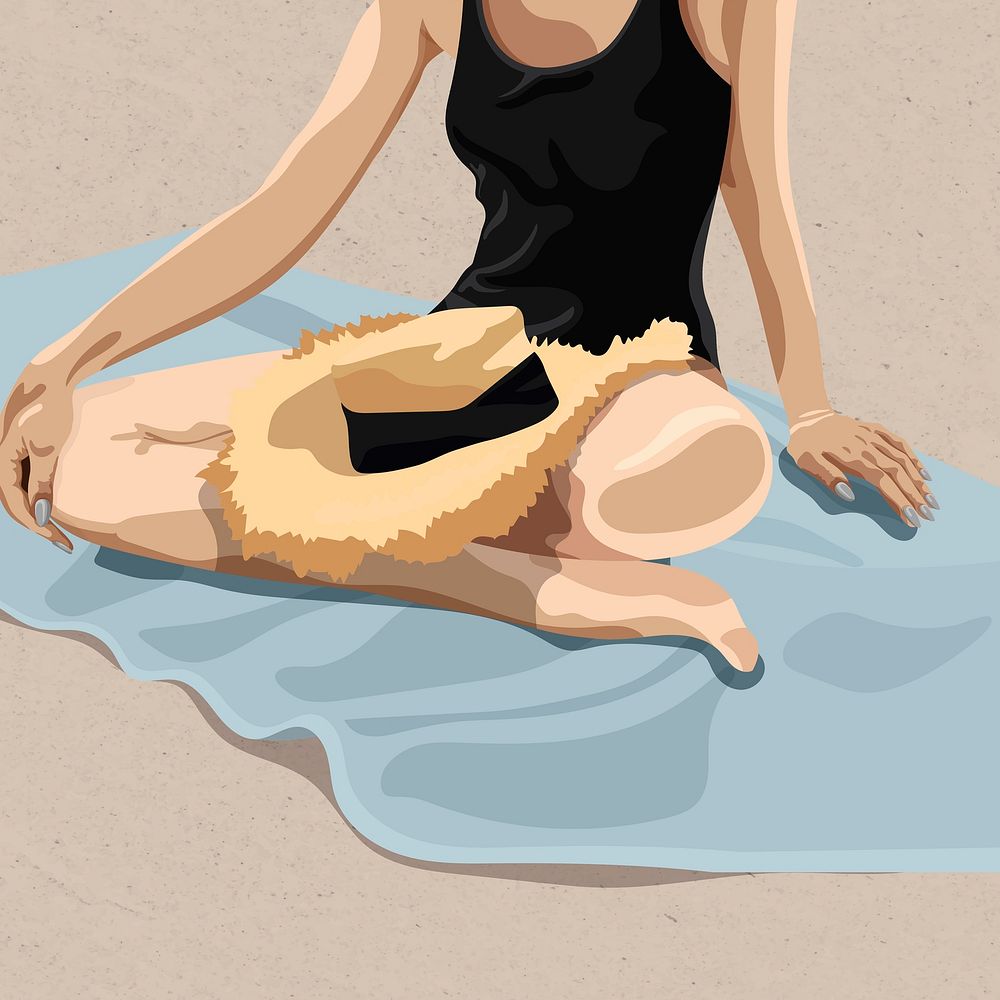 Girl sitting on beach, summer illustration