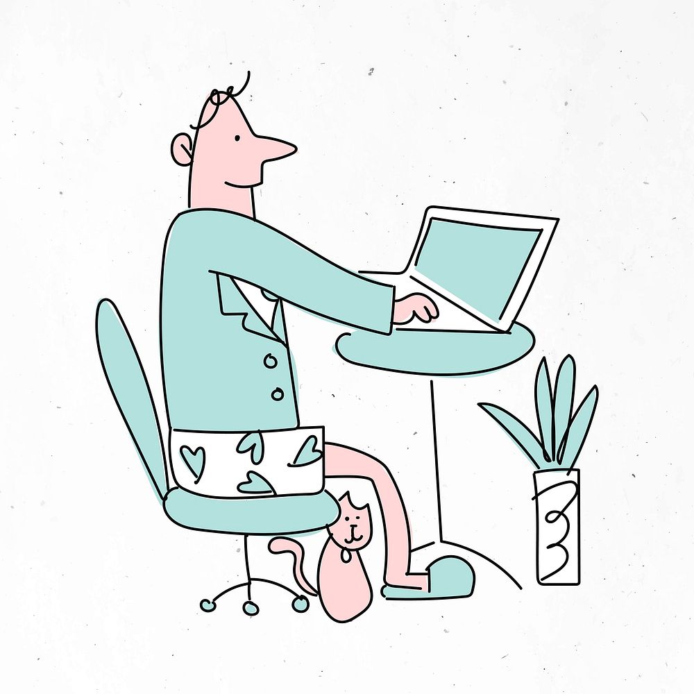 Man working from home with cat illustration