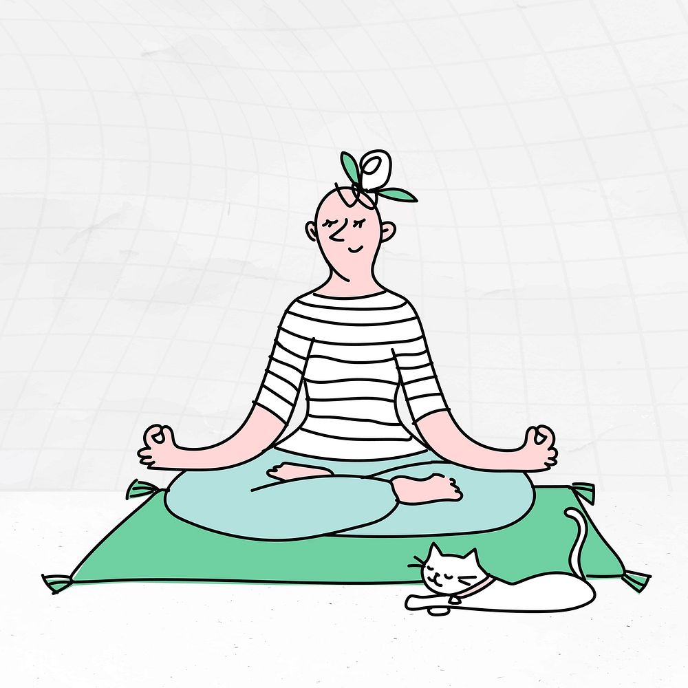 Woman doing yoga with cat doodle illustration