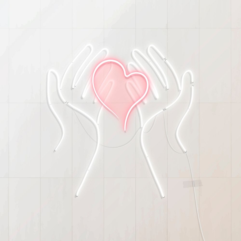 Neon hands holding heart design