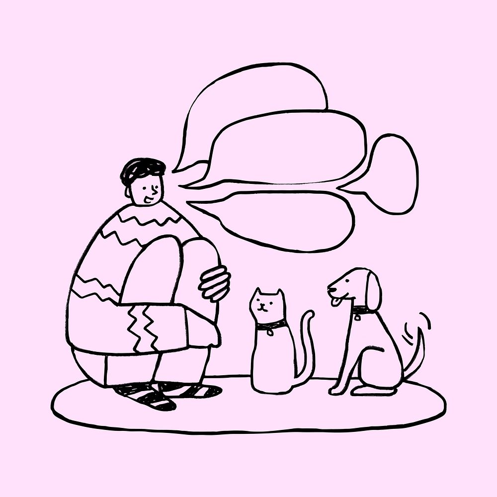 Man talking to pets doodle illustration