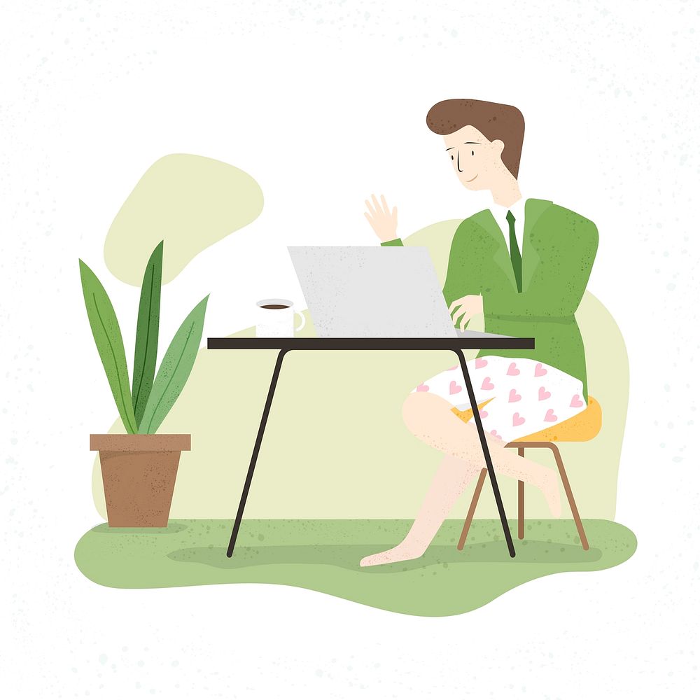 Businesswoman working remotely, green illustration