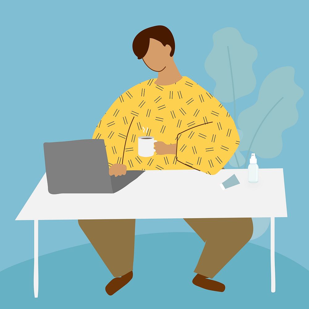 Man working remotely, covid-19 awareness illustration