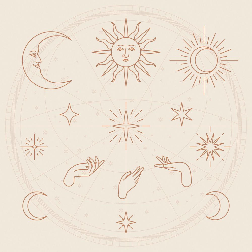 Celestial sun, stars & objects collage elements set