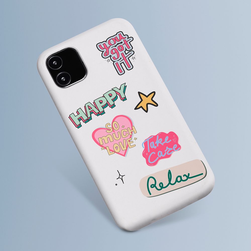 Phone case mockup, doodle typography realistic design psd