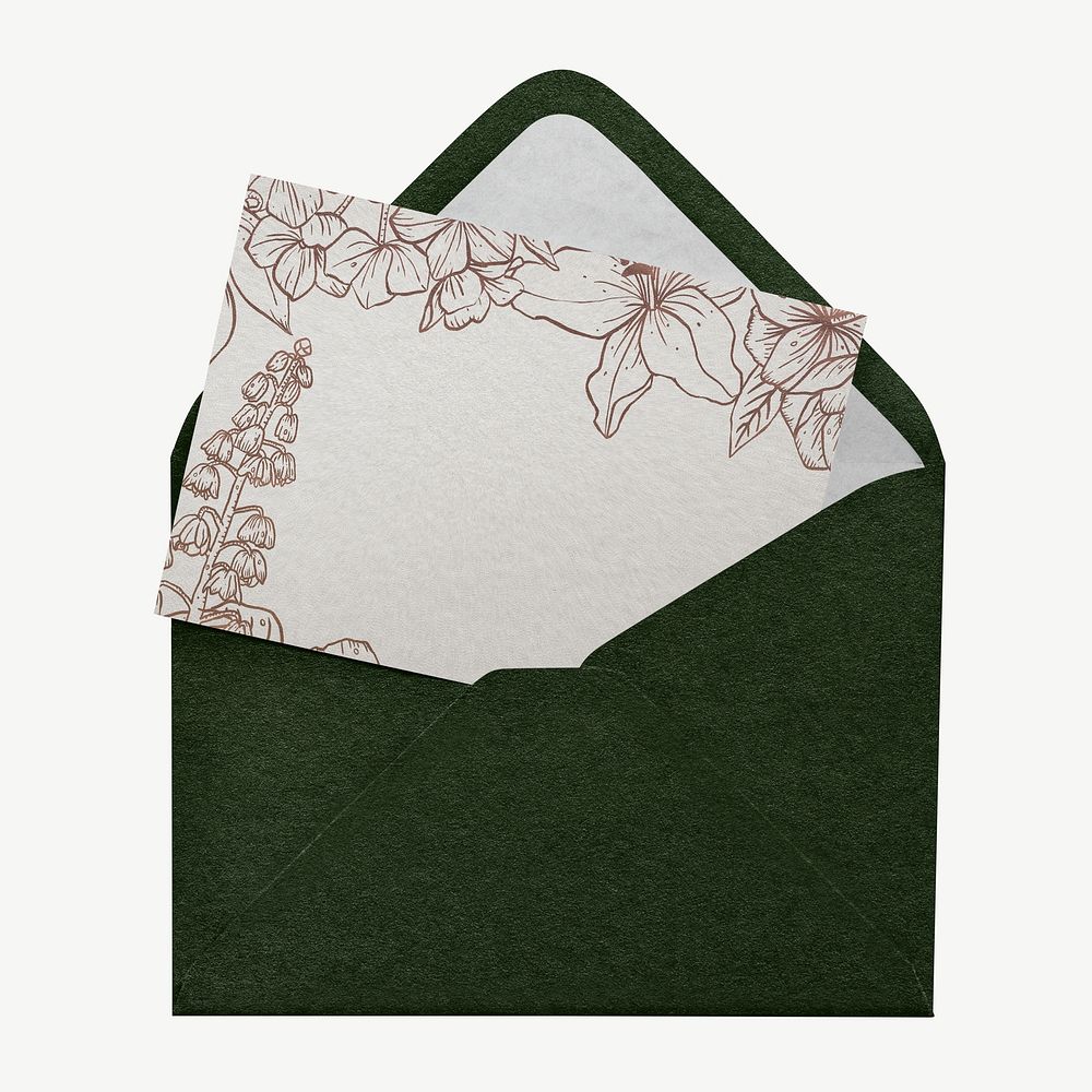 Vintage floral card mockup, green envelope psd